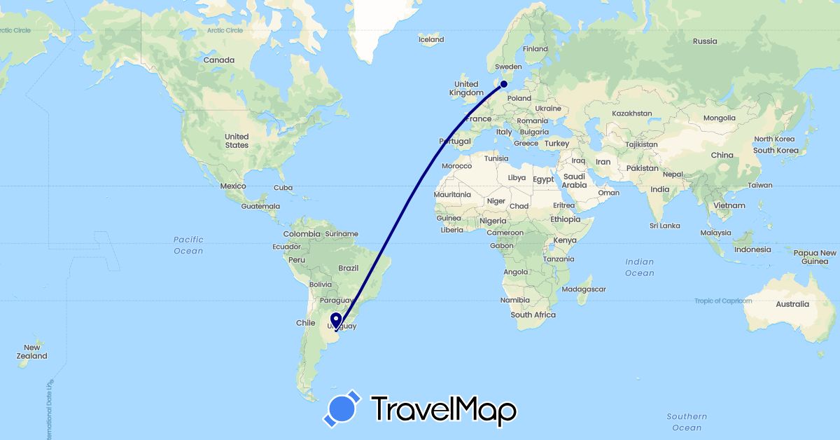 TravelMap itinerary: driving in Argentina, Denmark (Europe, South America)